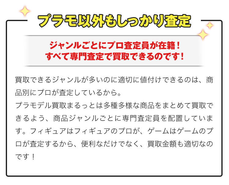 プラモデル以外もしっかり査定！ジャンルごとにプロ査定員が在籍！すべて専門査定で買取できるのです！買取できるジャンルが多いのに適切に値付けできるのは、商品別にプロが査定しているから。フィギュア買取まるっとは多種多様な商品をまとめて買取できるよう、商品ジャンルごとに専門査定員を配置しています。プラモデルはプラモデルのプロが、ゲームはゲームのプロが査定するから、便利なだけでなく、買取金額も適切なのです！