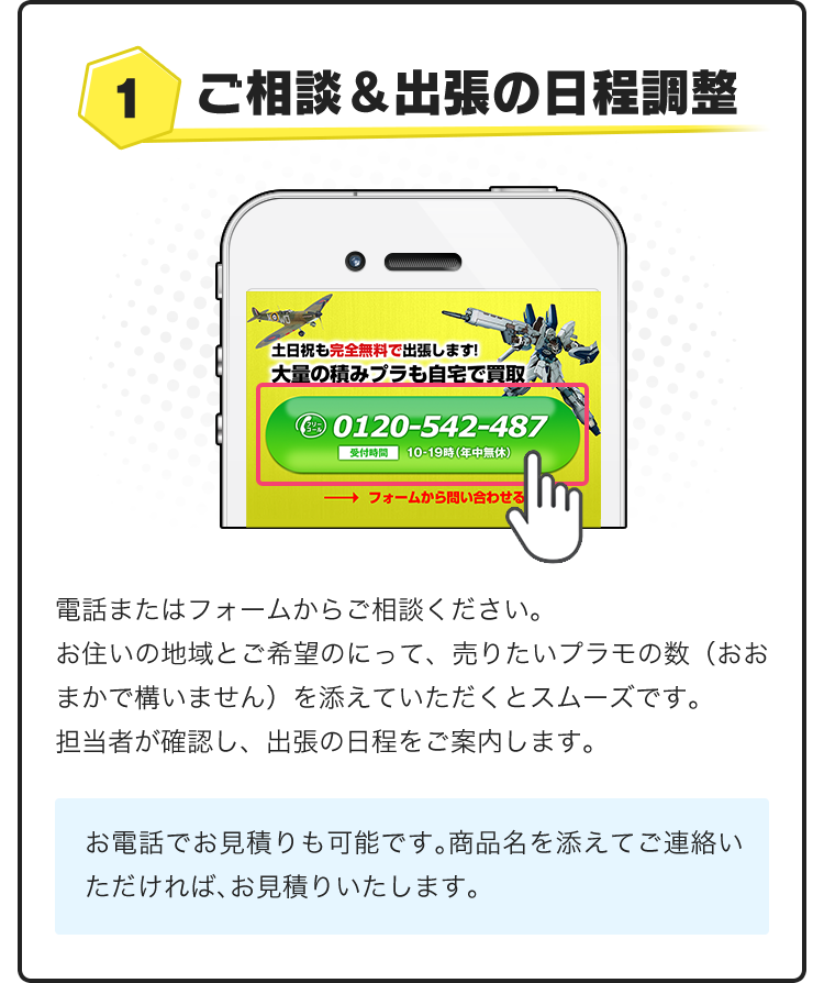 1.ご相談＆出張の日程調整！電話またはフォームからご相談ください。お住いの地域とご希望のにって、売りたいプラモデルの数（おおまかで構いません）を添えていただくとスムーズです。担当者が確認し、出張の日程をご案内します。お電話でお見積りも可能です。商品名を添えてご連絡いただければ、お見積りいたします。